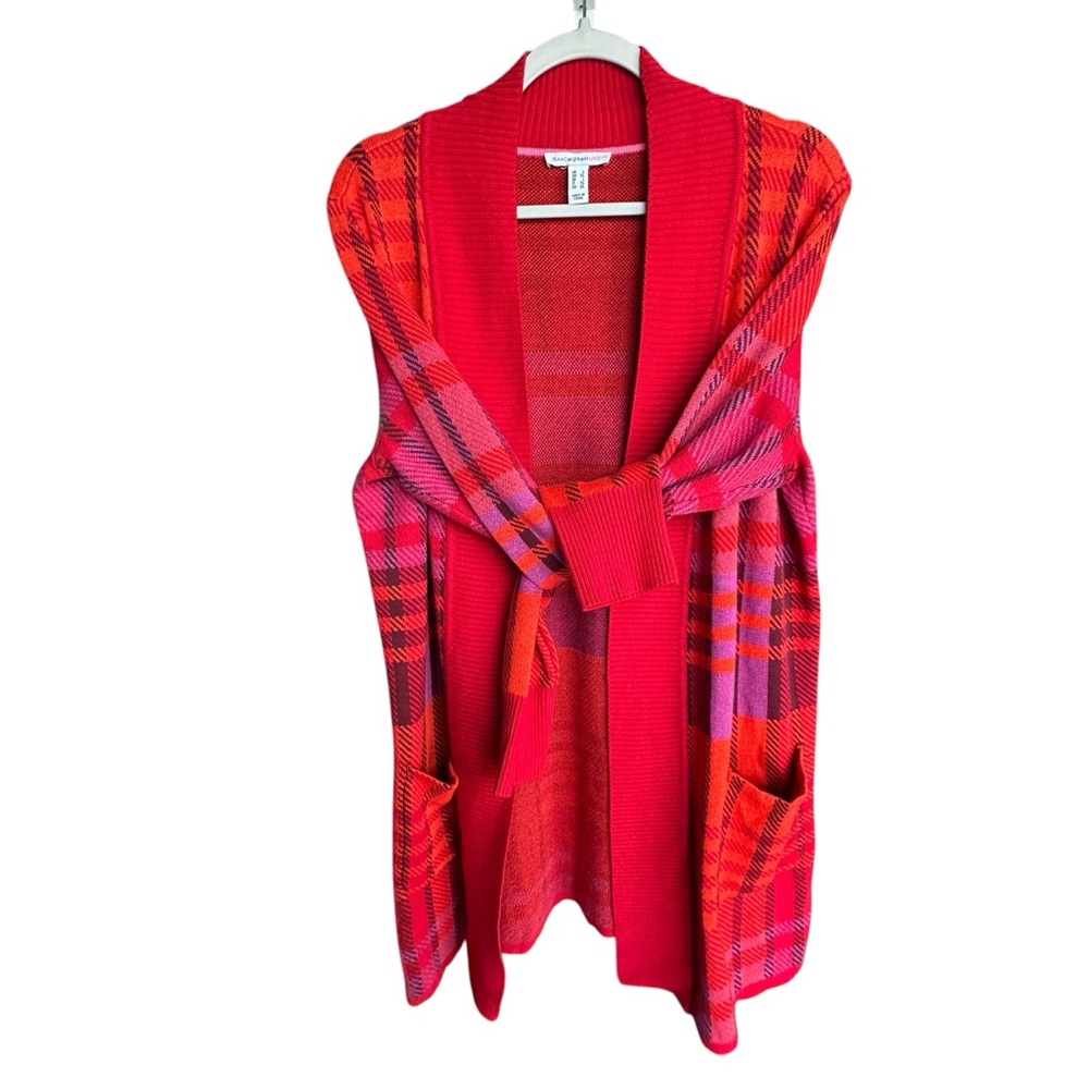 Isaac Mizrahi Live Plaid Jacquard Open Cardigan with Big Pockets L
